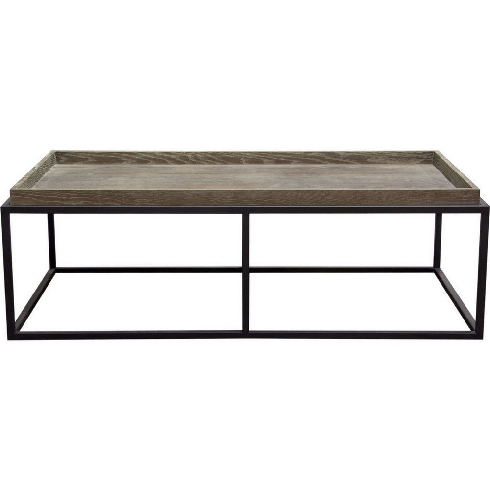 52 Inch Modern Coffee Table, Raised Tray Edges Rustic Oak Brown, Black