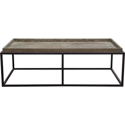 52 Inch Modern Coffee Table, Raised Tray Edges Rustic Oak Brown, Black