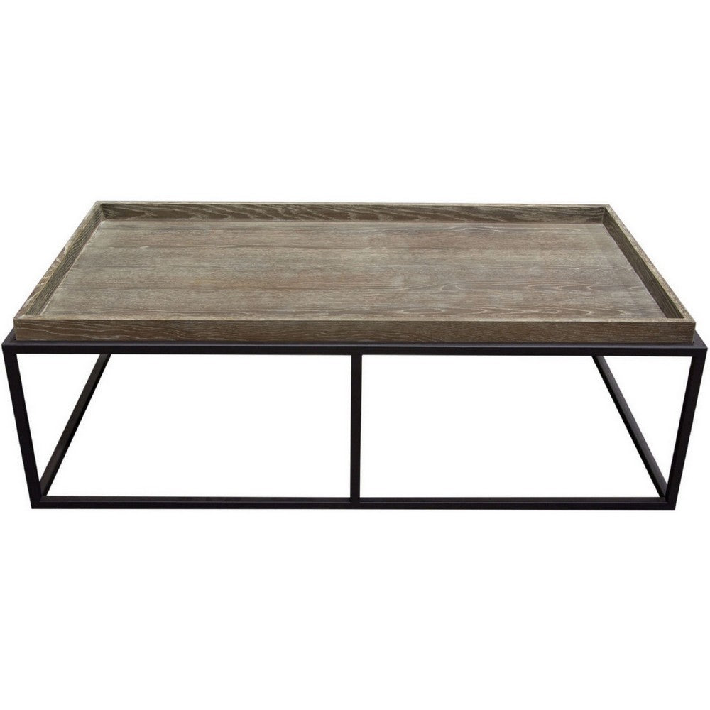 52 Inch Modern Coffee Table, Raised Tray Edges Rustic Oak Brown, Black