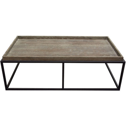 52 Inch Modern Coffee Table, Raised Tray Edges Rustic Oak Brown, Black
