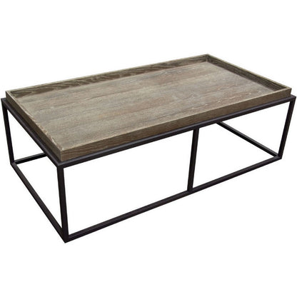 52 Inch Modern Coffee Table, Raised Tray Edges Rustic Oak Brown, Black