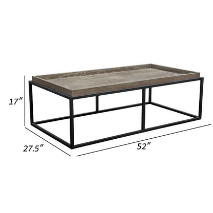 52 Inch Modern Coffee Table, Raised Tray Edges Rustic Oak Brown, Black