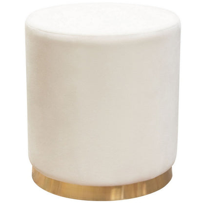 Himo 19 Inch Round Padded Ottoman, Gold Metal Base, Cream Velvet Upholstery