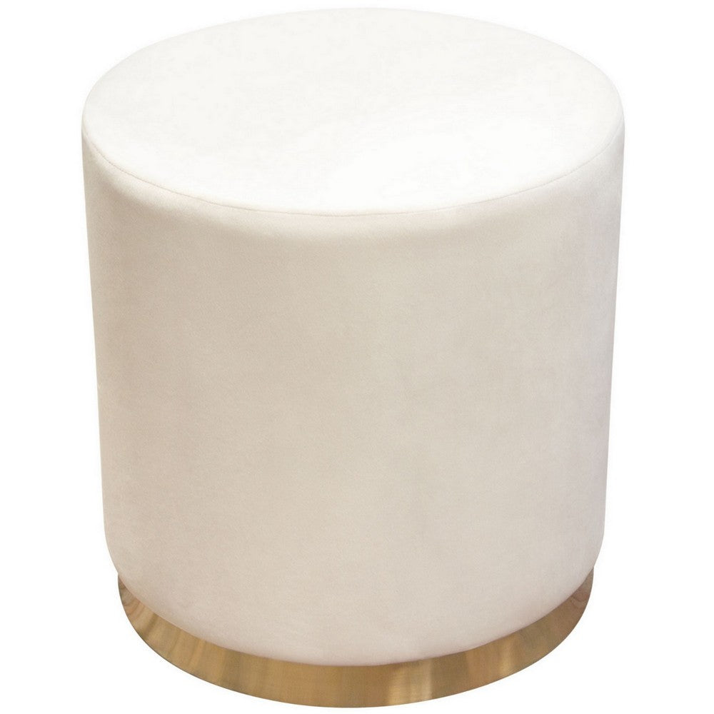 Himo 19 Inch Round Padded Ottoman, Gold Metal Base, Cream Velvet Upholstery