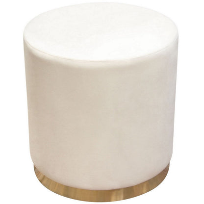 Himo 19 Inch Round Padded Ottoman, Gold Metal Base, Cream Velvet Upholstery