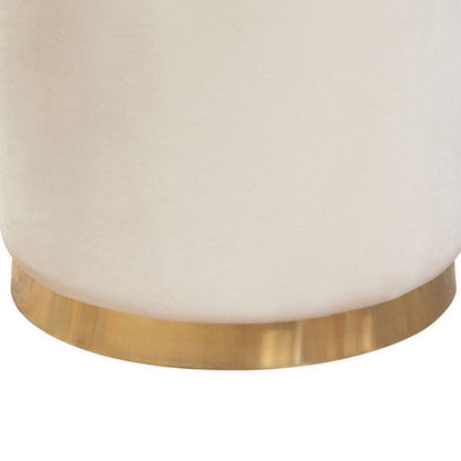 Himo 19 Inch Round Padded Ottoman, Gold Metal Base, Cream Velvet Upholstery