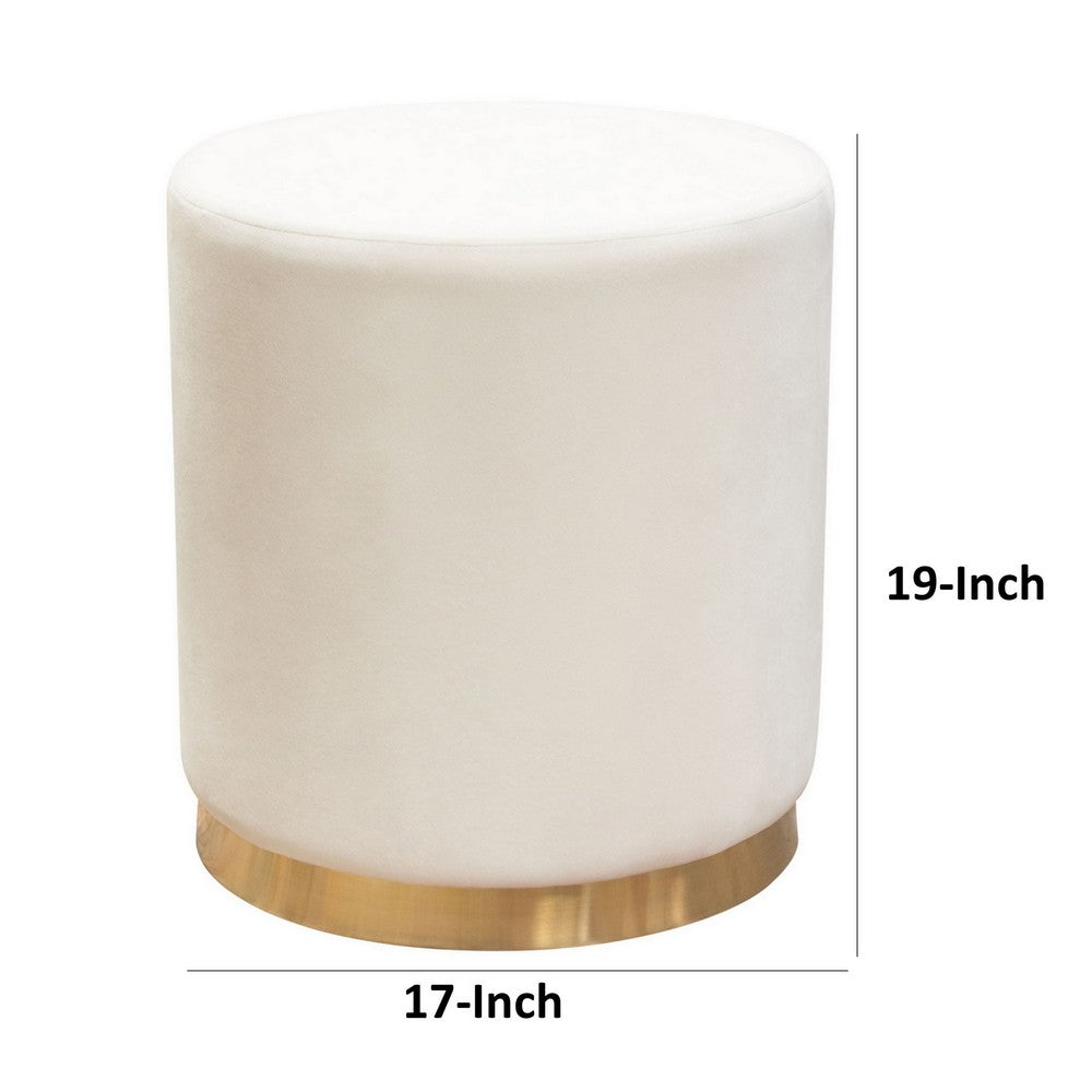 Himo 19 Inch Round Padded Ottoman, Gold Metal Base, Cream Velvet Upholstery