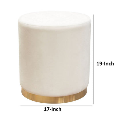 Himo 19 Inch Round Padded Ottoman, Gold Metal Base, Cream Velvet Upholstery