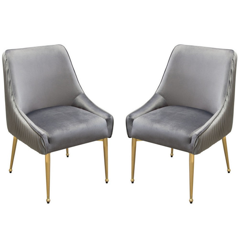 24 Inch Pleated Dining Side Chair, Set of 2, Smooth Gray Velvet Upholstery