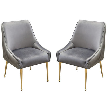24 Inch Pleated Dining Side Chair, Set of 2, Smooth Gray Velvet Upholstery