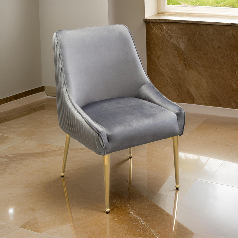 24 Inch Pleated Dining Side Chair, Set of 2, Smooth Gray Velvet Upholstery