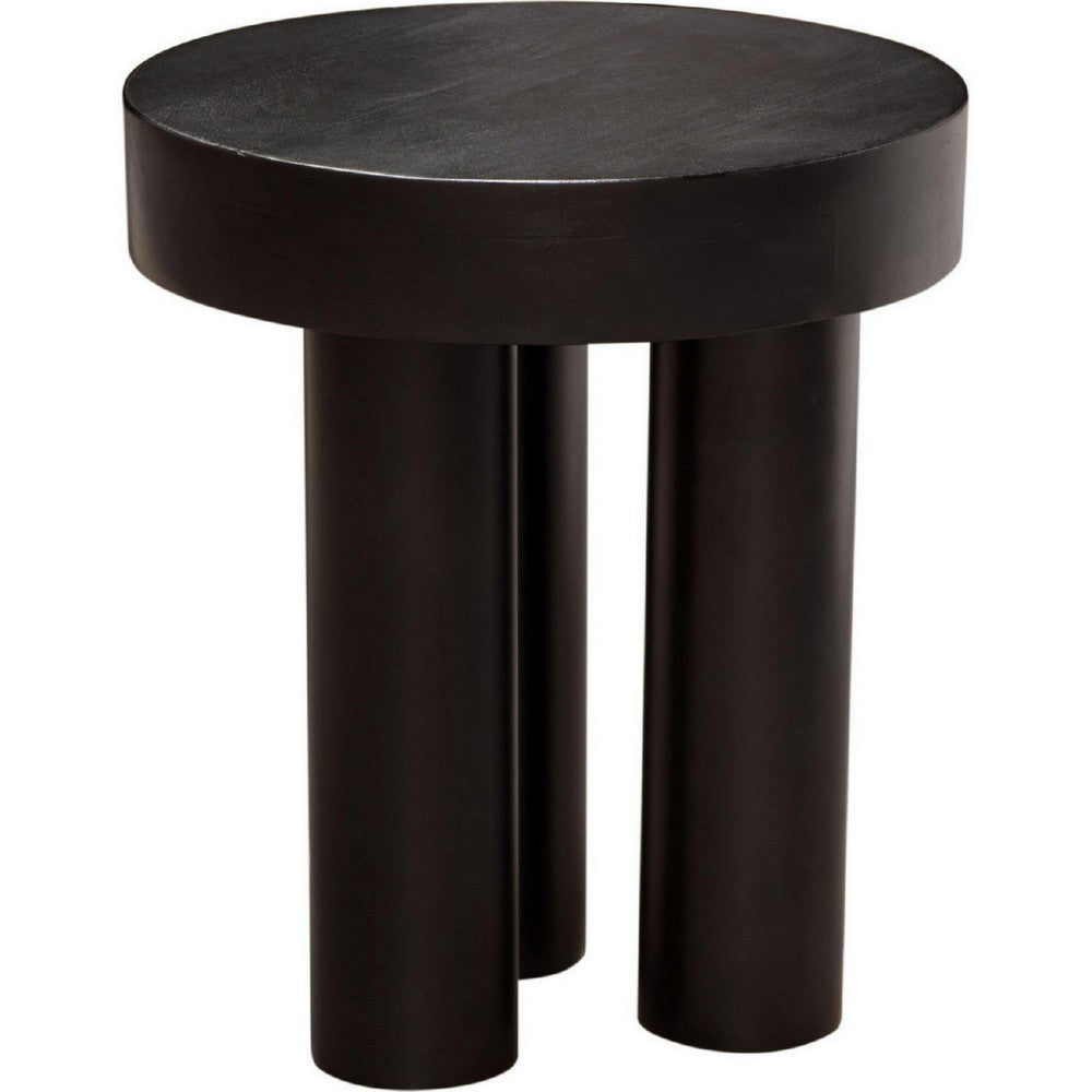 16 Inch Modern End Table, Thick Sturdy Surface, Tripod Legs, Black Wood