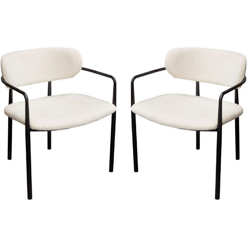 Oke 26 Inch Padded Dining Chair, Set of 2, Black, Ivory Boucle Upholstery