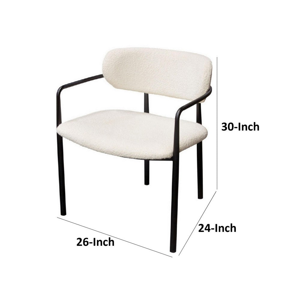 Oke 26 Inch Padded Dining Chair, Set of 2, Black, Ivory Boucle Upholstery