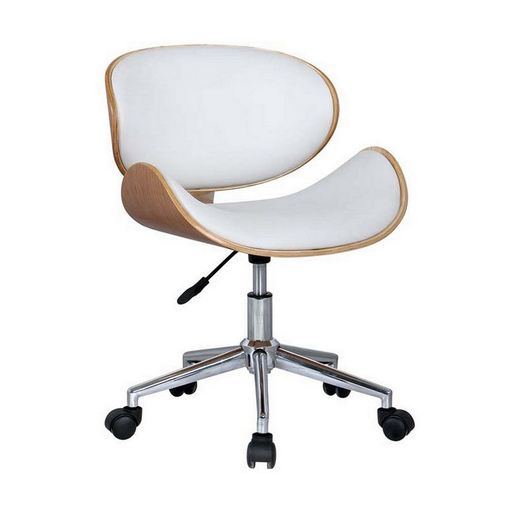 23 Inch Swivel Office Chair, Curved Wood Seat and Back, White Faux Leather