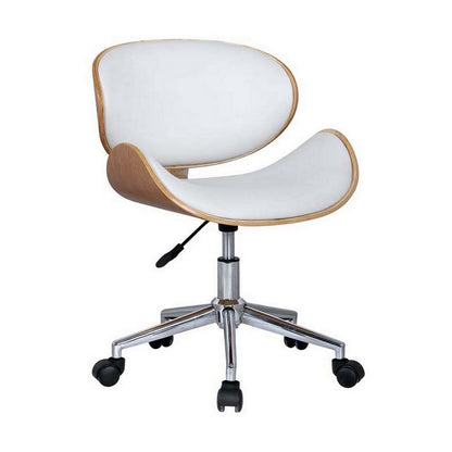 23 Inch Swivel Office Chair, Curved Wood Seat and Back, White Faux Leather