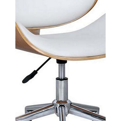 23 Inch Swivel Office Chair, Curved Wood Seat and Back, White Faux Leather
