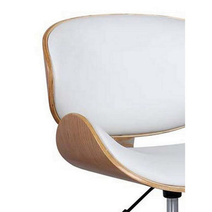 23 Inch Swivel Office Chair, Curved Wood Seat and Back, White Faux Leather