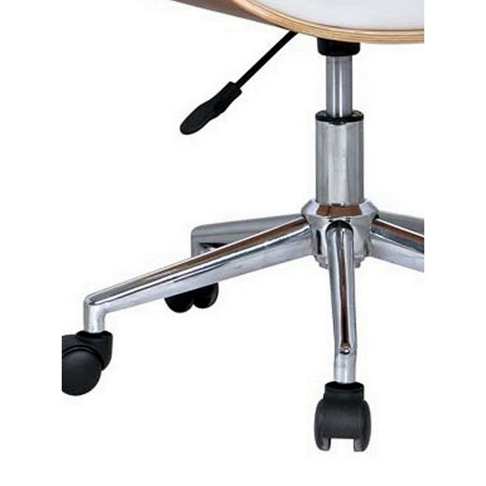 23 Inch Swivel Office Chair, Curved Wood Seat and Back, White Faux Leather