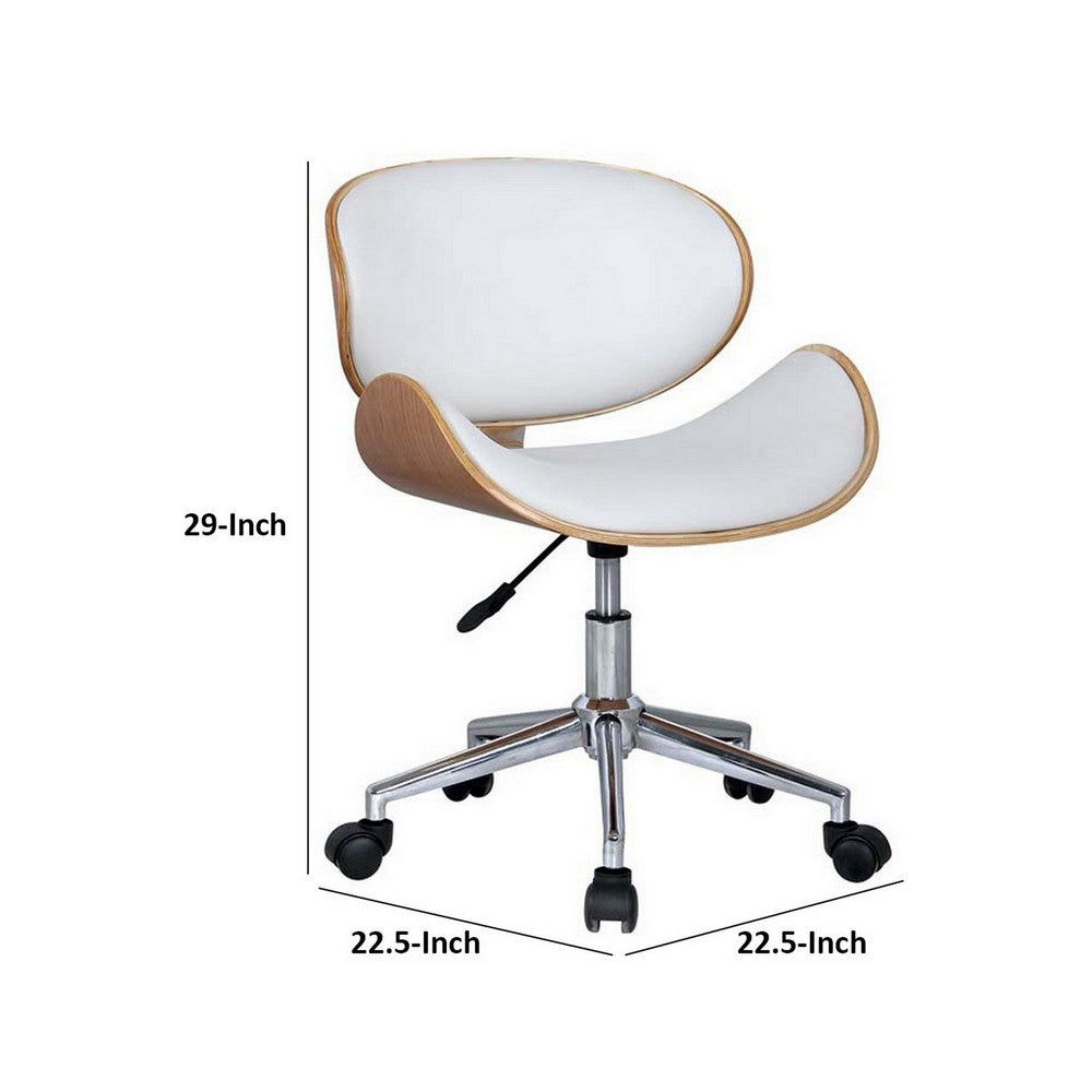 23 Inch Swivel Office Chair, Curved Wood Seat and Back, White Faux Leather