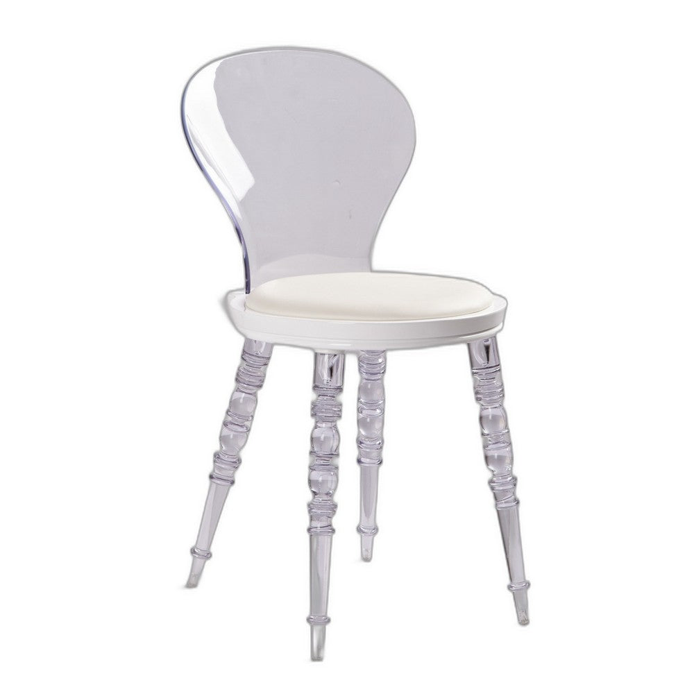 Rari 19 Inch Crystal Clear Armless Chair, Padded White Vegan Leather Seat