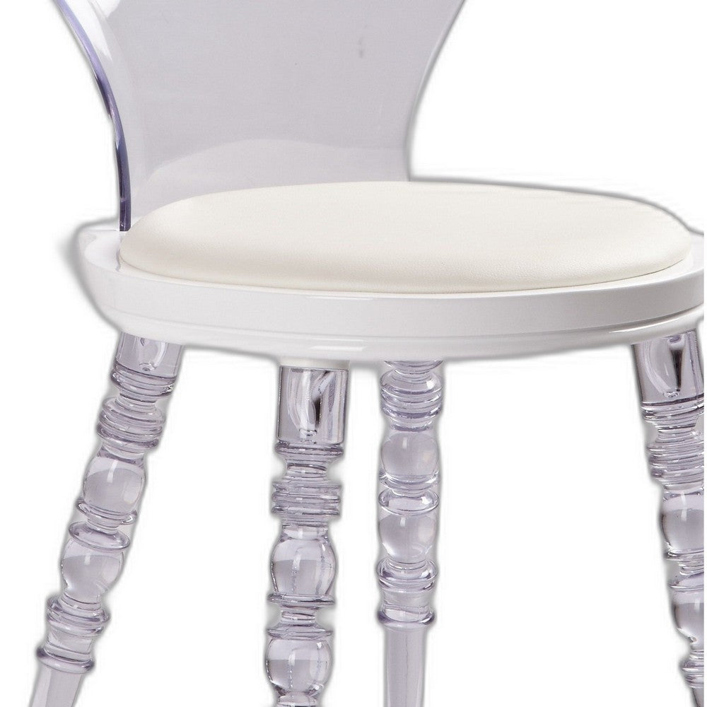 Rari 19 Inch Crystal Clear Armless Chair, Padded White Vegan Leather Seat