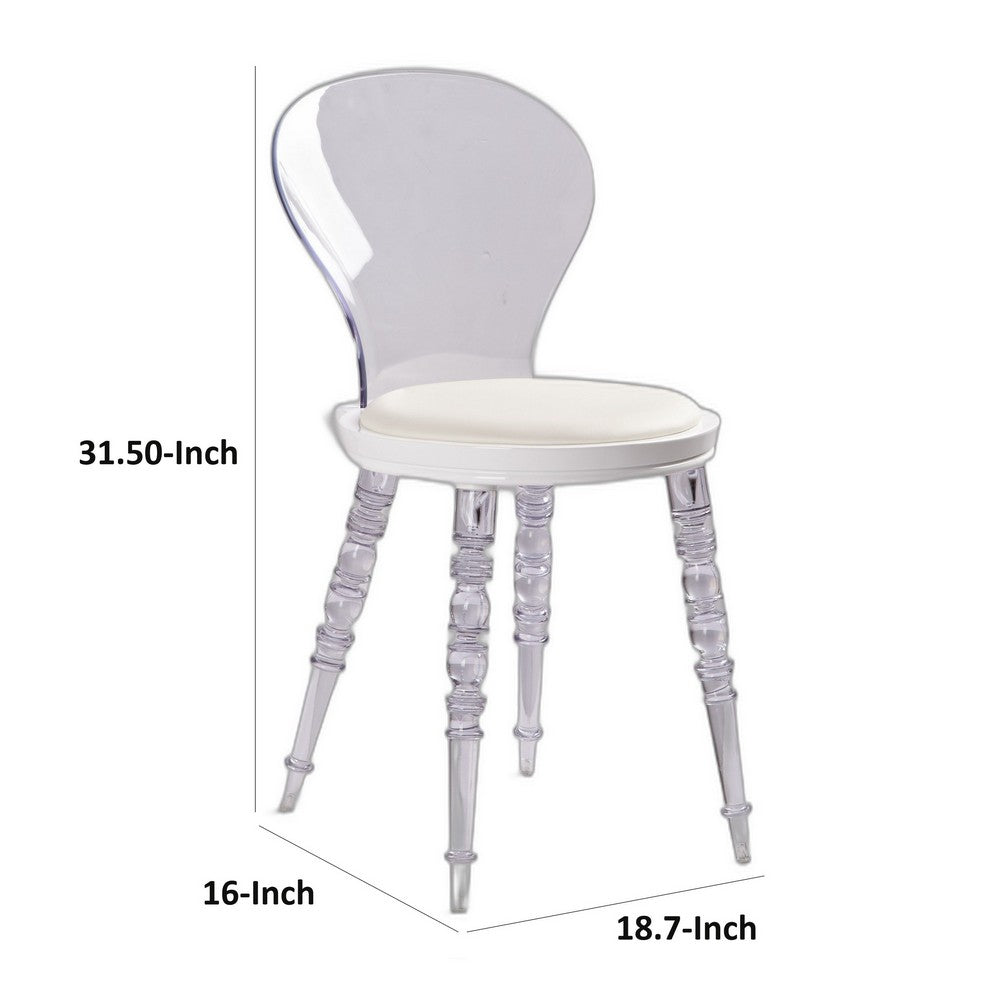 Rari 19 Inch Crystal Clear Armless Chair, Padded White Vegan Leather Seat