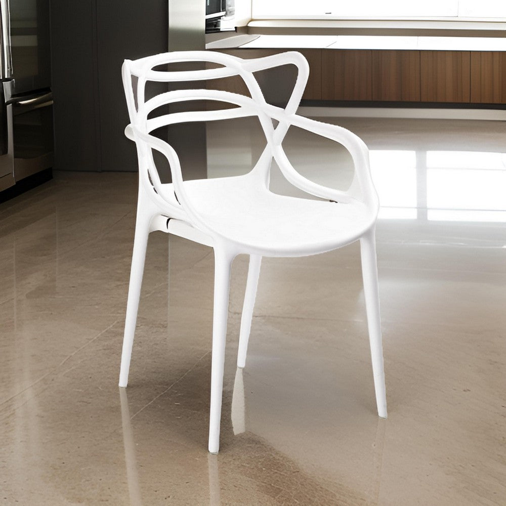 Yuva 22 Inch Armchair, Set of 4, Intricate Curved Seat, White Polypropylene