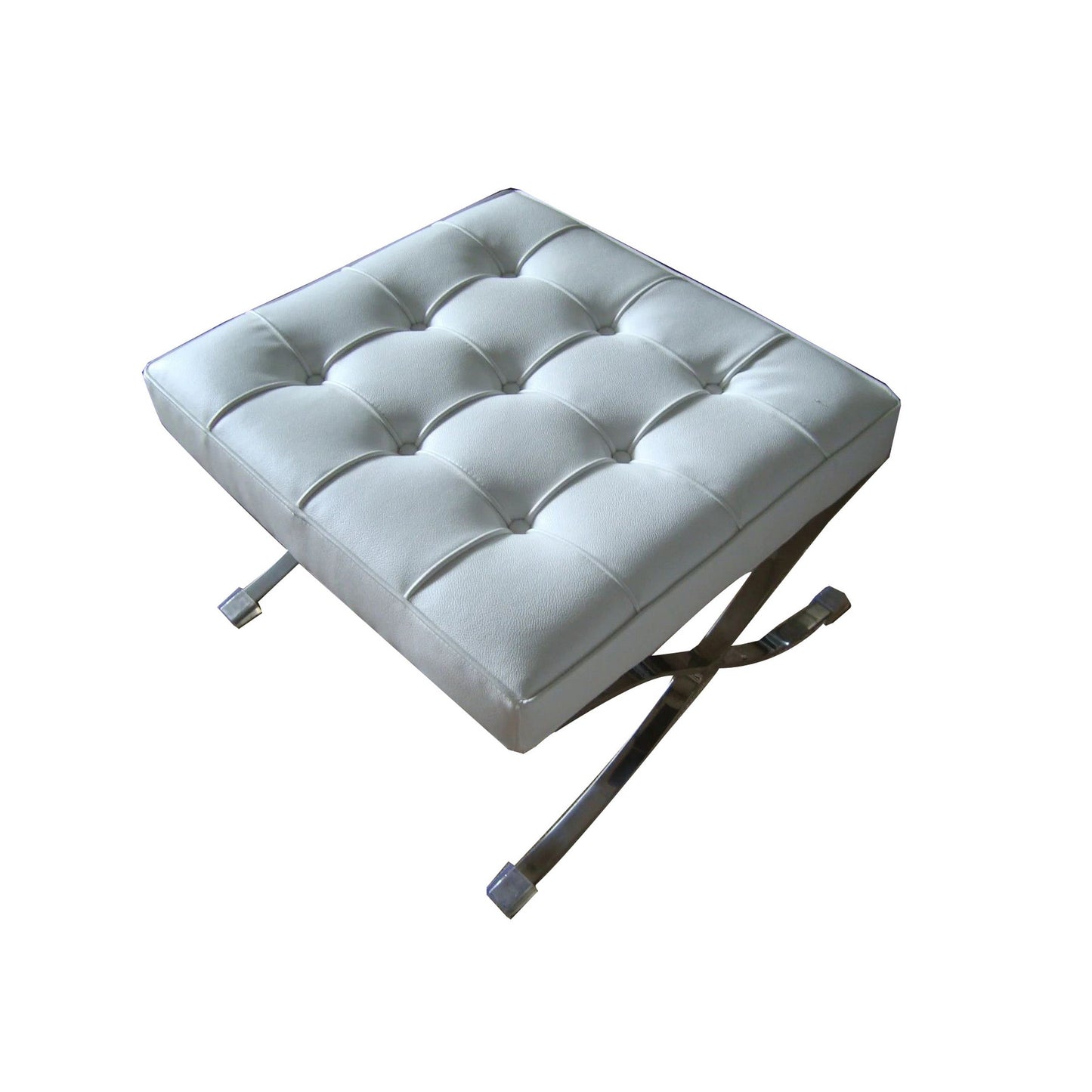 Alee 27 Inch Ottoman, Square Tufting, Crossed Legs, White Faux Leather