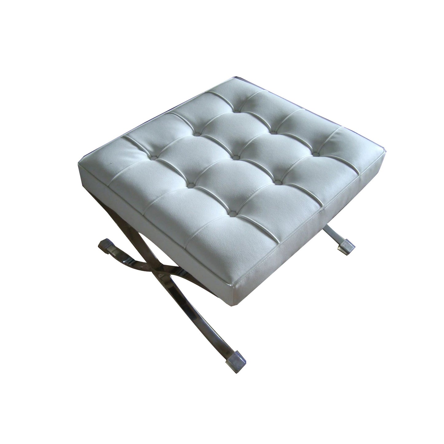 Alee 27 Inch Ottoman, Square Tufting, Crossed Legs, White Faux Leather