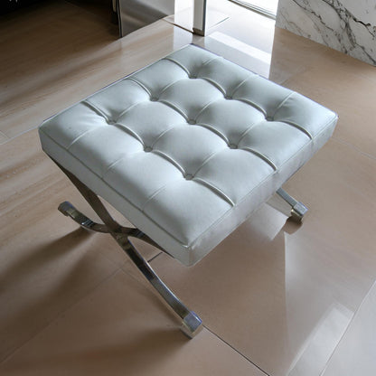 Alee 27 Inch Ottoman, Square Tufting, Crossed Legs, White Faux Leather
