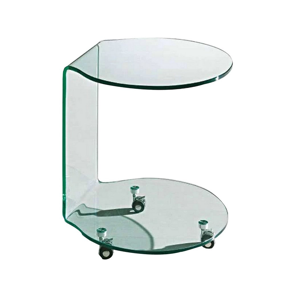 24 Inch Curved Glass End Table, Cylindrical Design, Caster Wheels, Clear
