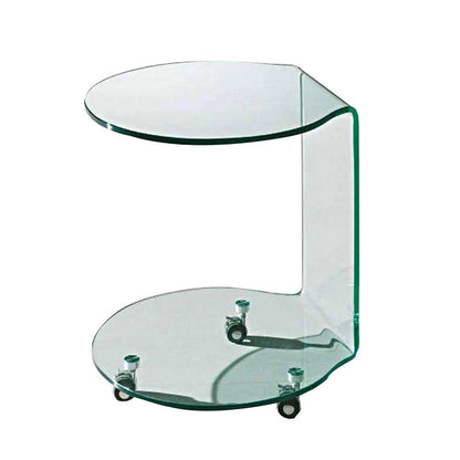 24 Inch Curved Glass End Table, Cylindrical Design, Caster Wheels, Clear