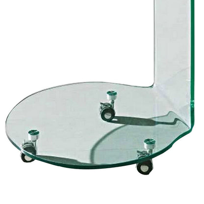 24 Inch Curved Glass End Table, Cylindrical Design, Caster Wheels, Clear