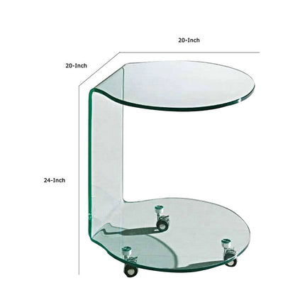 24 Inch Curved Glass End Table, Cylindrical Design, Caster Wheels, Clear