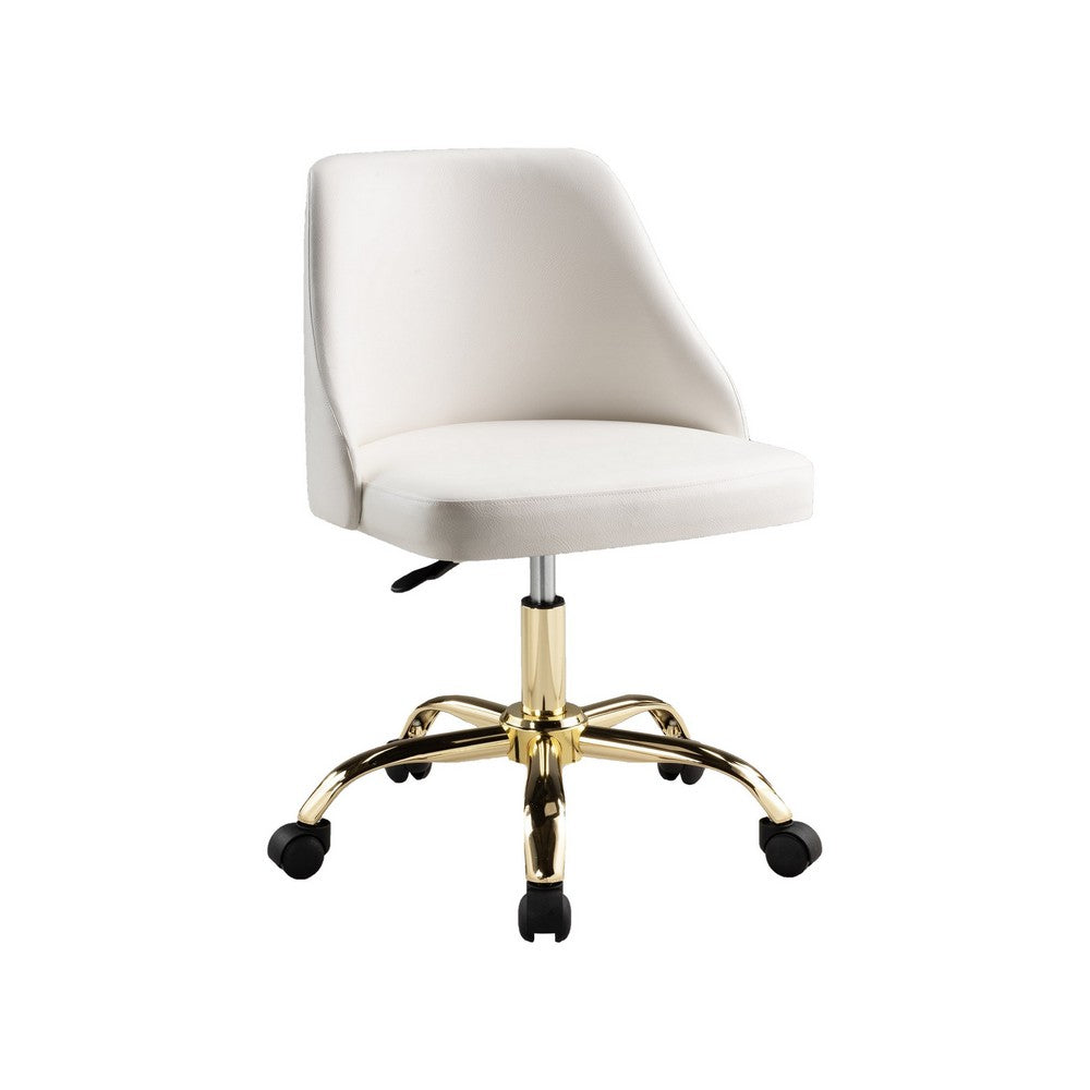 Yim 22 Inch Adjustable Swivel Office Chair, White Faux Leather, Gold Metal