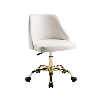 Yim 22 Inch Adjustable Swivel Office Chair, White Faux Leather, Gold Metal