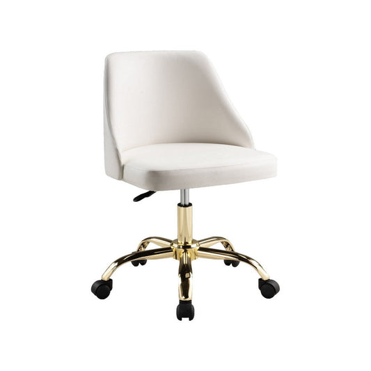 Yim 22 Inch Adjustable Swivel Office Chair, White Faux Leather, Gold Metal
