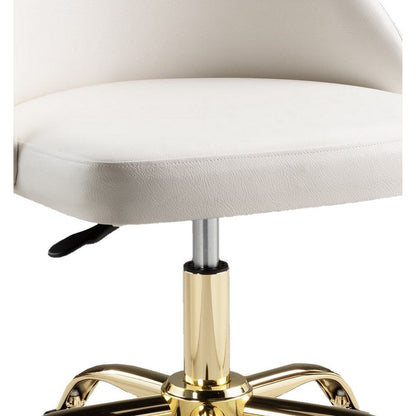 Yim 22 Inch Adjustable Swivel Office Chair, White Faux Leather, Gold Metal