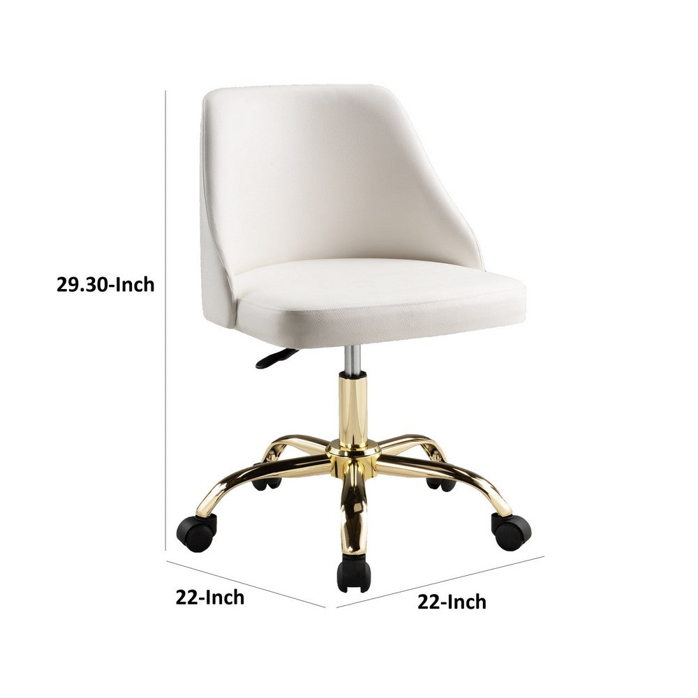 Yim 22 Inch Adjustable Swivel Office Chair, White Faux Leather, Gold Metal