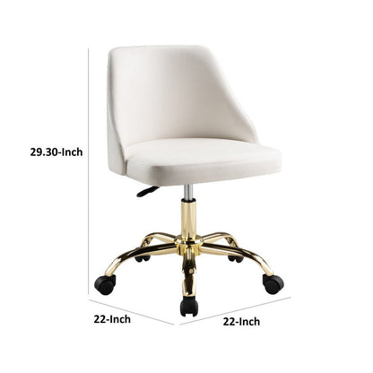 Yim 22 Inch Adjustable Swivel Office Chair, White Faux Leather, Gold Metal
