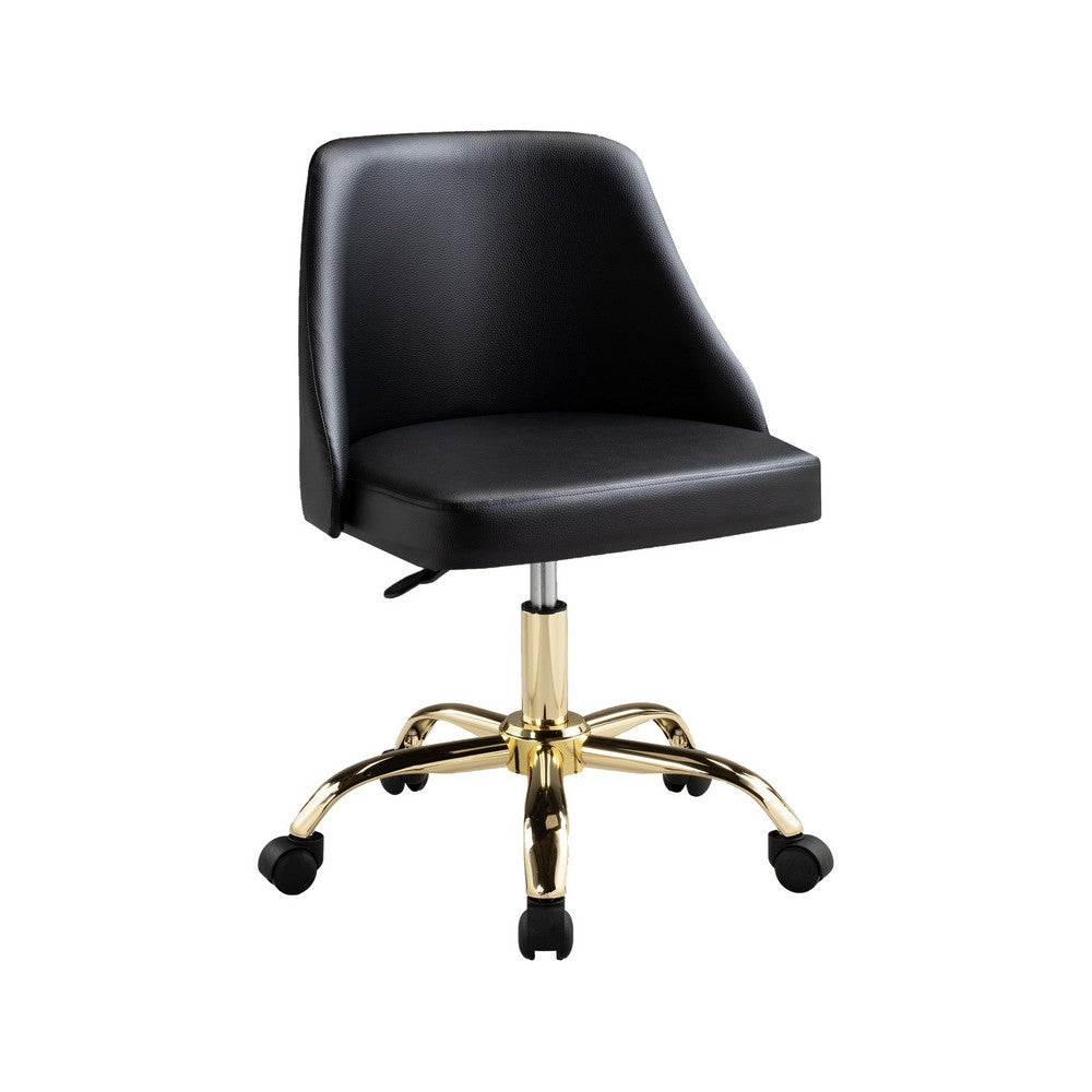 Yim 22 Inch Adjustable Swivel Office Chair, Black Faux Leather, Gold Metal