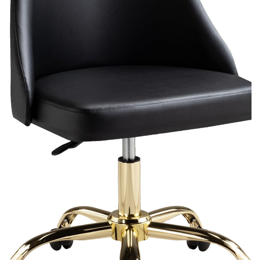 Yim 22 Inch Adjustable Swivel Office Chair, Black Faux Leather, Gold Metal