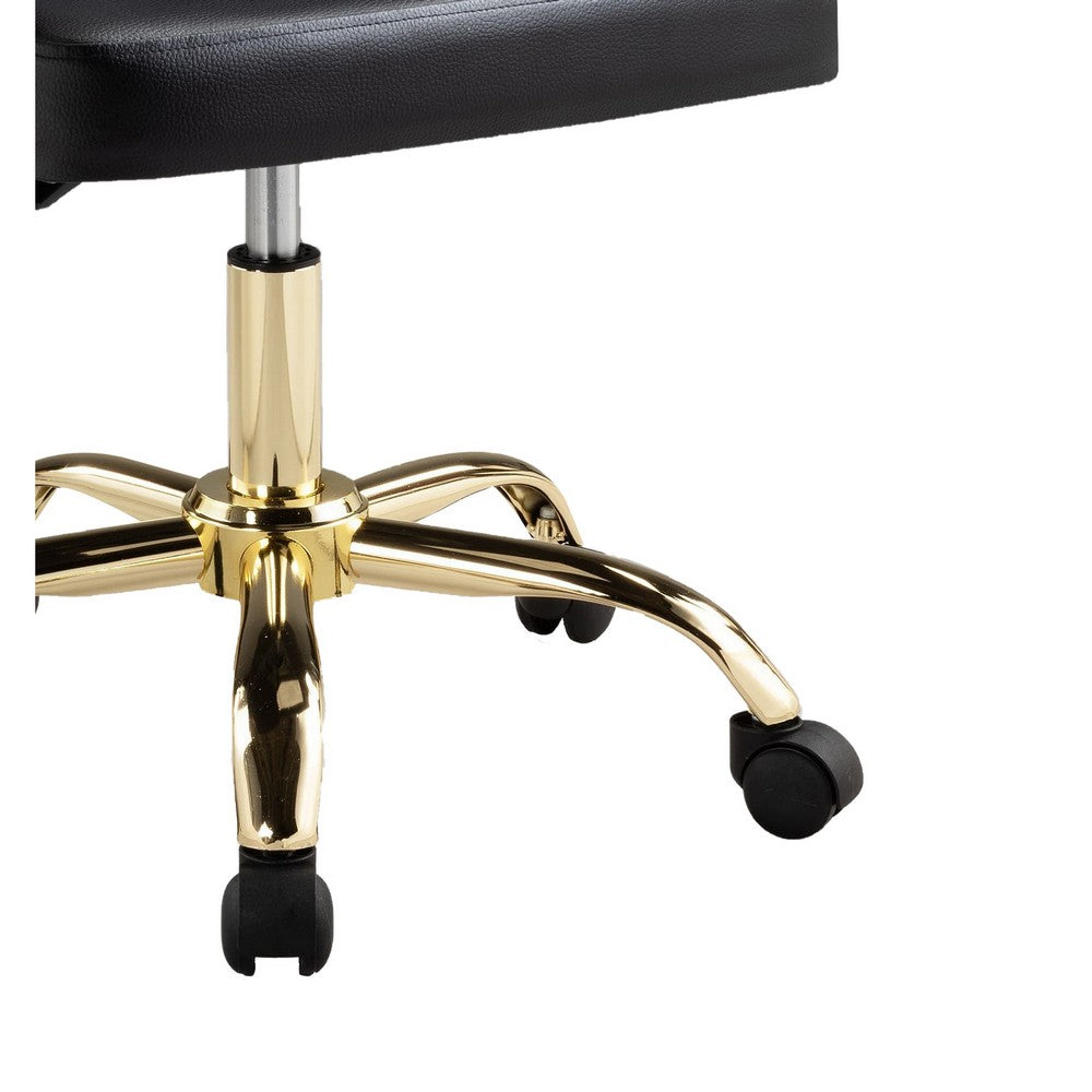 Yim 22 Inch Adjustable Swivel Office Chair, Black Faux Leather, Gold Metal