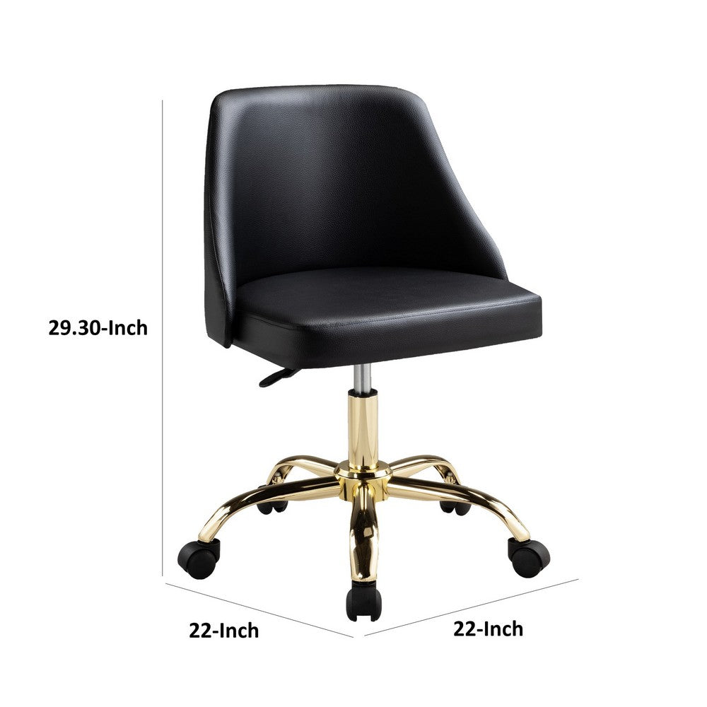 Yim 22 Inch Adjustable Swivel Office Chair, Black Faux Leather, Gold Metal