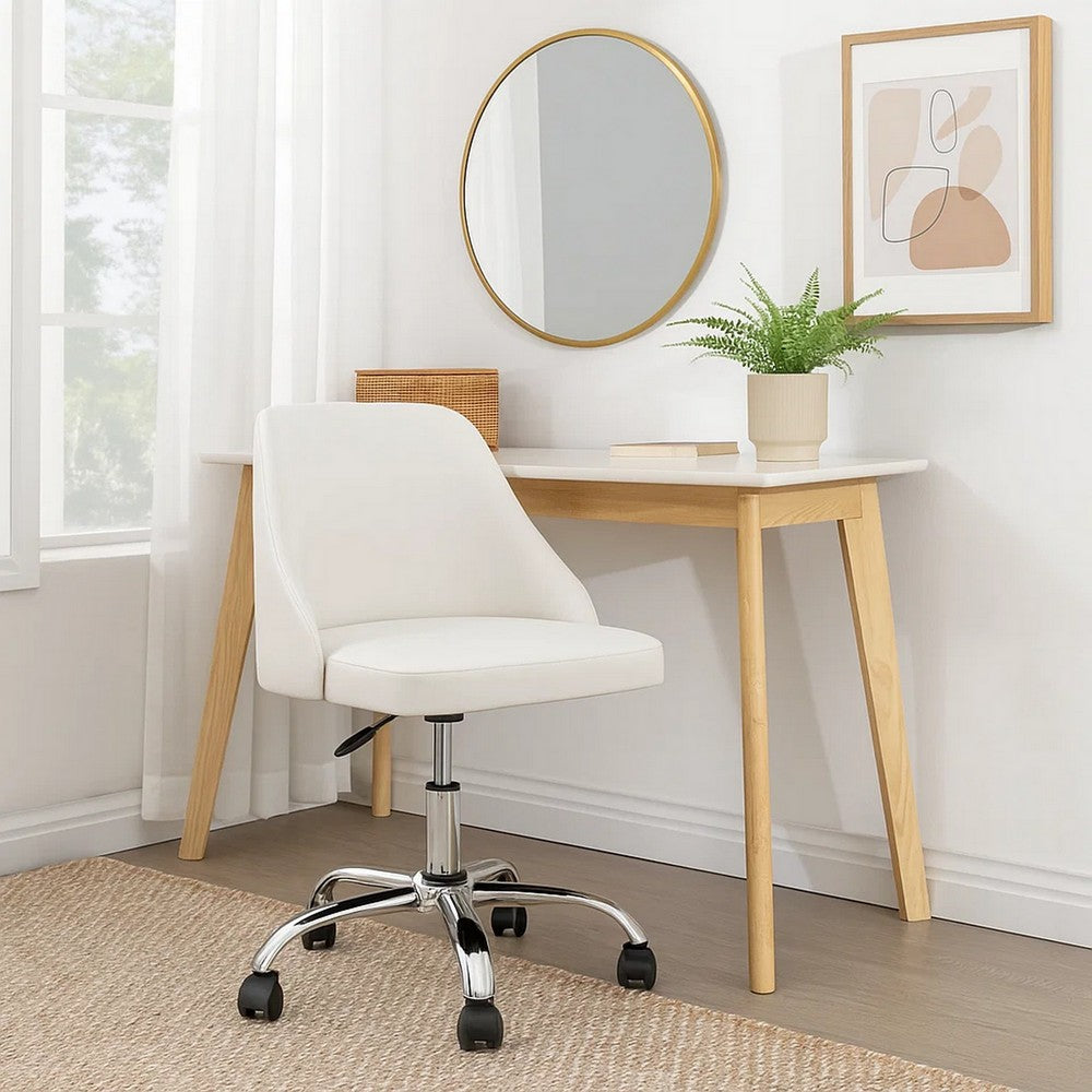 Yim 22 Inch Adjustable Swivel Office Chair, White Faux Leather, Chrome Base