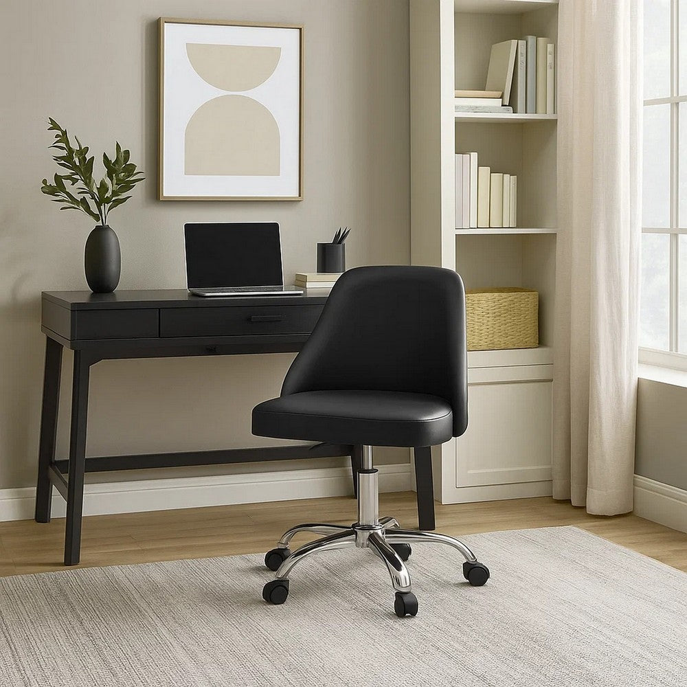 Yim 22 Inch Adjustable Swivel Office Chair, Black Faux Leather, Chrome Base