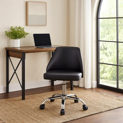 Yim 22 Inch Adjustable Swivel Office Chair, Black Faux Leather, Chrome Base