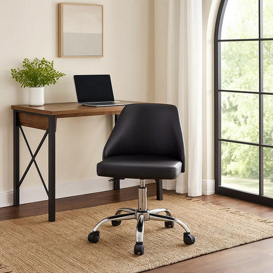 Yim 22 Inch Adjustable Swivel Office Chair, Black Faux Leather, Chrome Base