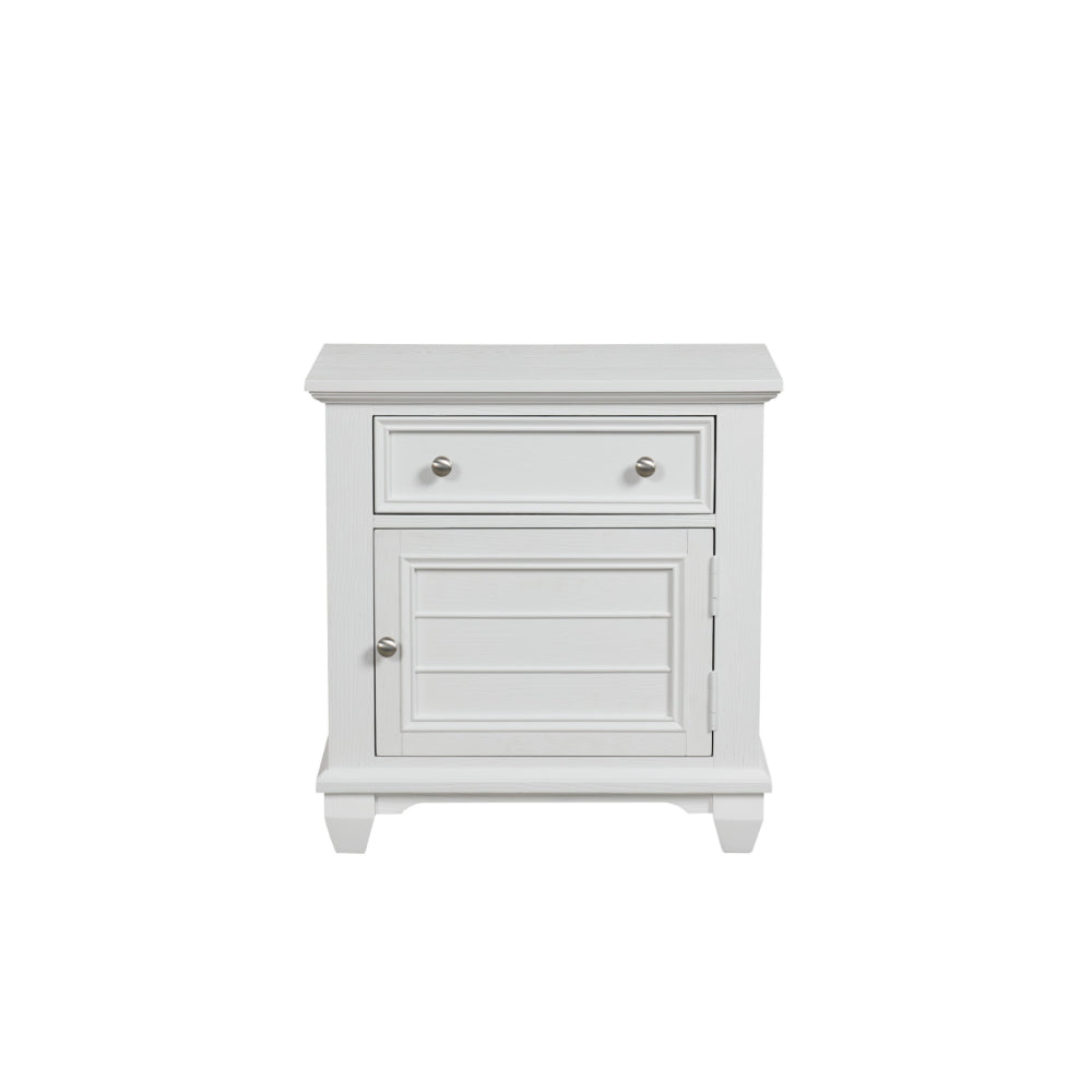 Jims 28 Inch Nightstand, Single Door and Drawer, Cup Handles, White Wood